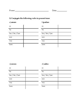 Preview of Italian Regular Verbs -ARE, -ERE, -IRE Present Tense Worksheet / Italian quiz