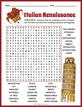 Preview of ITALIAN RENAISSANCE Word Search Puzzle Worksheet Activity -4th 5th 6th 7th Grade