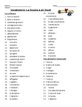 Preview of Italian School and Education Vocabulary List
