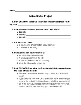 Preview of Italian Unit #1: States Project Rubric