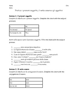 Preview of Italian Subject Pronouns, Essere, Adjective Agreement Worksheet