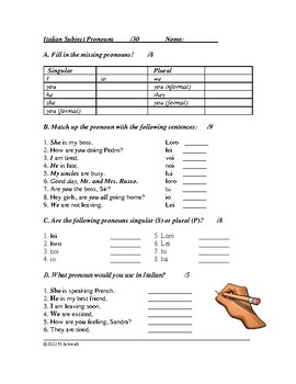 Preview of Italian Subject Pronouns Review Worksheet: Pronomi personale soggetto (Quiz)