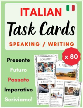 Preview of Italian Task Cards (x 80) w/ Pictures - 4 Verb Tenses + Set of Writing Topics