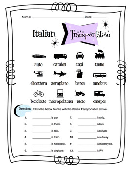Preview of Italian Transportation Worksheet Packet