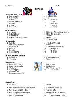 Preview of Italian Travel Unit Vocabulary List