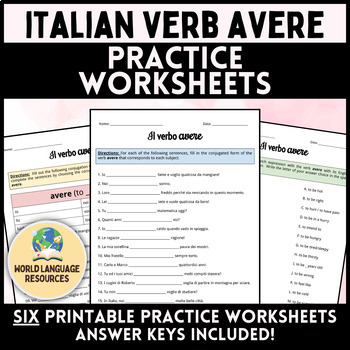 Preview of Italian Verb AVERE - Practice Worksheets