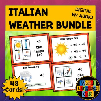 Preview of ITALIAN WEATHER BOOM CARDS ⭐ Italian Weather Flashcards ⭐ Task Cards Activities