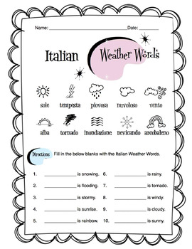 Preview of Italian Weather Words Worksheet Packet