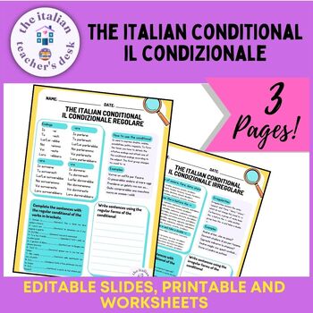 Preview of Italian conditional: il condizionale. Editable printable worksheets 11th-12th gr
