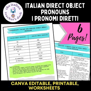 Preview of Italian direct object pronouns: editable printable worksheets 10th 12th grade