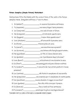 Preview of Italian future tense practice worksheet w/ answers.