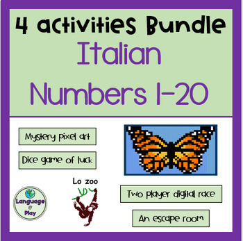 Preview of Italian numbers 1-20 uno a venti Escape Room, Mystery Pixel Art + two Games