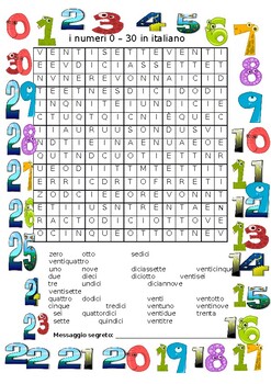 Preview of Italian numbers wordsearch 0 -30 SECRET MESSAGE INSIDE