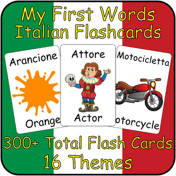 Preview of Italian to English First Words Flashcards - 300+ Beginner Vocabulary Flash Cards