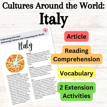 Preview of Italy & Italian Culture Activities: Reading Comprehension Vocab Art Word Search