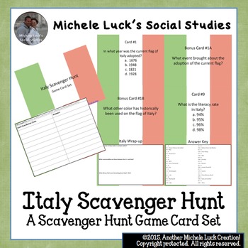 Preview of Italy Scavenger Hunt Card Game for Review - Geography, Facts, More