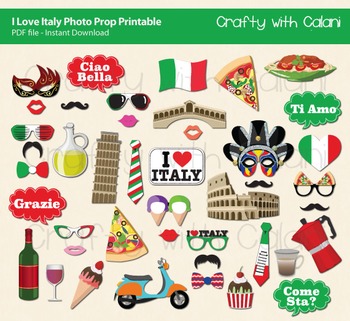 Preview of Italy Theme Photo Booth Props & Decorations - 43 unique printable prop