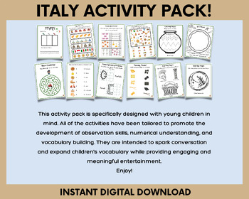 Preview of Italy Travel & Study Unit Activity Pack, Exploring Italy for Kindergarten