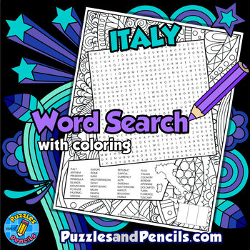 Preview of Italy Word Search Puzzle with Coloring Activity Page | Countries of Europe