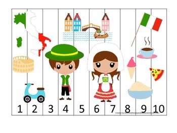 Preview of Italy themed Number Sequence Puzzle preschool learning game.  Daycare.
