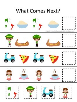 Preview of Italy themed What Comes Next preschool educational learning game.  Daycare.