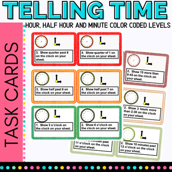 Preview of Telling Time Task Cards to Hour, Half Hour and Minute