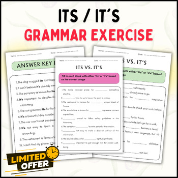 Preview of Its or It's Grammar Exercise Worksheets: Editable (PPT and PDF) + Key