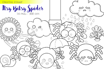 Preview of Itsy Bitsy Little Spider Animal Clipart - Black White Outline - Digital Stamp