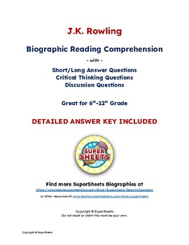 Preview of J. K. Rowling Biography: Reading Comprehension & Questions w/ Answer Key