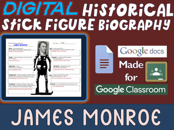 Preview of JAMES MONROE Digital Historical Stick Figure (mini bios) Editable Google Docs