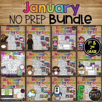 Preview of JANUARY No Prep Activities BUNDLE with Math and ELA for 1st and 2nd Grade