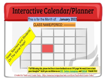 Preview of JANUARY 2022 Interactive Calendar * Lesson Planner For any Class Google Slides
