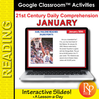 Preview of Daily JANUARY Nonfiction Stories - Reading Comprehension Google Slides Digital