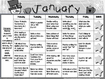 JANUARY Kindergarten Homework Calendar *Common Core Aligned* | TPT