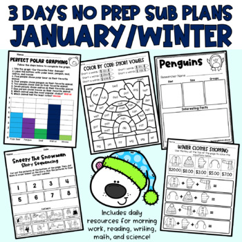 Preview of JANUARY SUB PLANS: 3 Days No Prep Winter Sub Plans 2nd Grade Emergency
