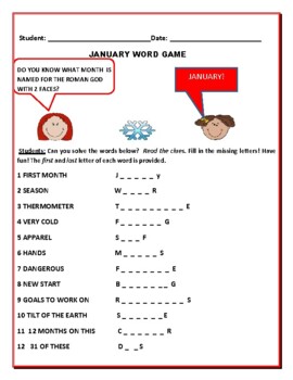 Preview of JANUARY WORD GAME: W/ ANSWER KEY          GRADES 3-7, ELA, ESL &  SPELLING