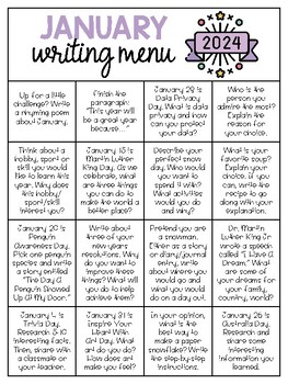 Preview of JANUARY WRITING MENU, JANUARY WRITING PROMPTS, NEW YEAR 2024 WRITING NO PREP