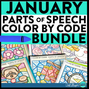 Preview of COLOR BY CODE penguins winter snowmen 100th Day PARTS OF SPEECH - JANUARY BUNDLE