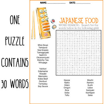 JAPANESE FOOD word search puzzle worksheets activities TPT