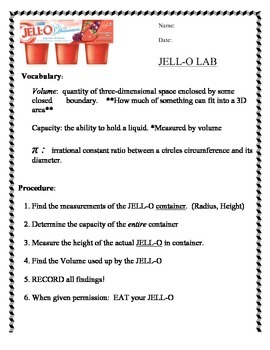Preview of JELLO-O Lab:  Finding the Volume of a Cylinder