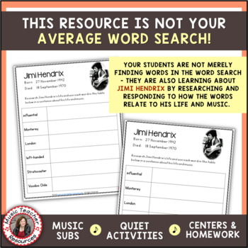 JIMI HENDRIX Music Word Search and Biography Research Activity Worksheets