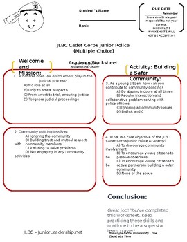 Preview of JLBC Cadet Corps Junior Police Academy Worksheet 2 (Multiple Choice Version)