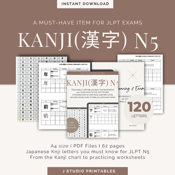 Preview of JLPT TEST [N5] Kanji Practice Worksheets 120 /Japanese Language Proficiency Test