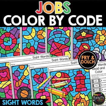 Preview of JOBS Community Helpers Color by Code Sight Words No Prep Coloring Pages