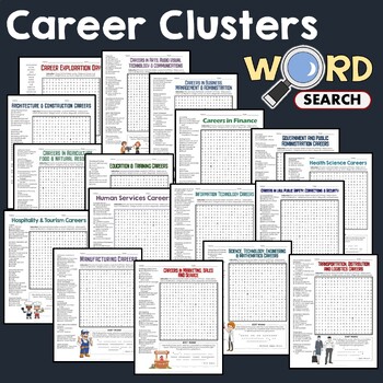 Preview of JOBS RESEARCH, CAREER CLUSTERS Word Search Puzzle Activity Worksheets Bundle