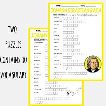 JOHANN SEBASTIAN BACH Biography word scramble puzzle worksheets activity