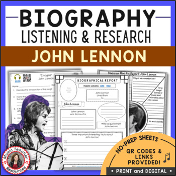 Preview of JOHN LENNON Music Listening Activities and Biography Research Worksheets