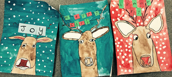 Preview of JOLLY REINDEER HOLIDAY DRAWING PAINTING + COLLAGE, VIDEO INSTRUCTIONS in zip!