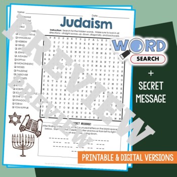 Preview of JUDAISM Religion Word Search Puzzle Activity Worksheet Secret Message