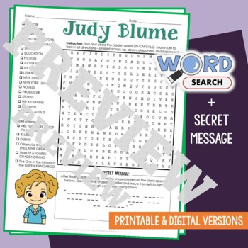 JUDY BLUME Word Search Puzzle Activity Vocabulary Worksheet Secret Message